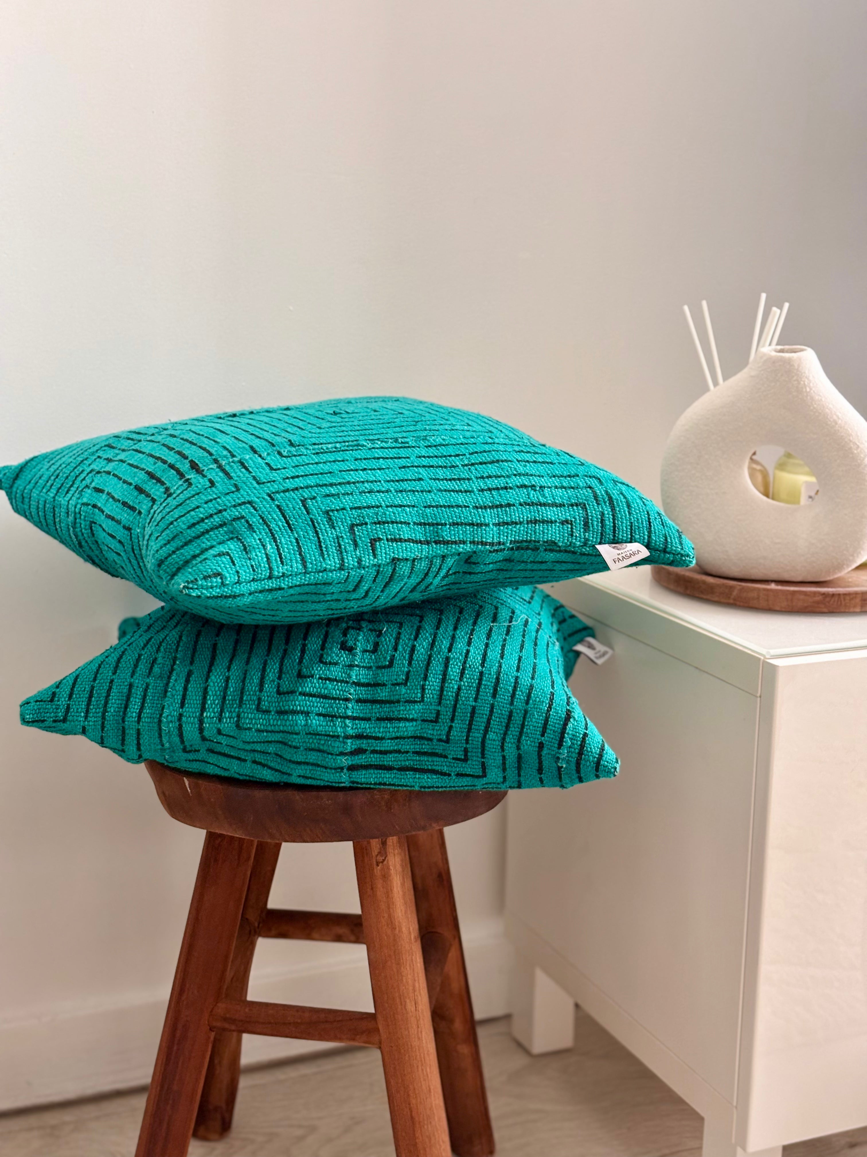 AYA Vert d'eau - Lot de 2 housses de coussin bogolan